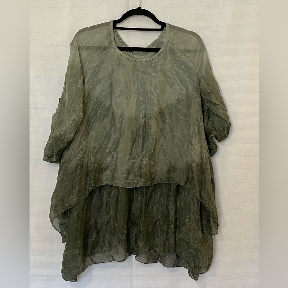 Women's Green Silk Viscose Lagenlook Pullover Tunic M/L Crewneck Artsy Fairycore